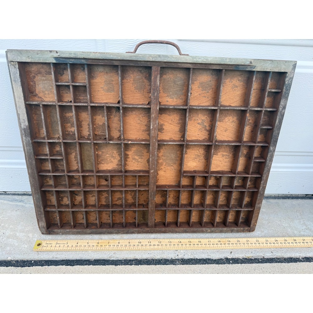 Vintage Wooden Printer Tray Typeset Drawer Shadow Box Industrial Wall Decor 22in